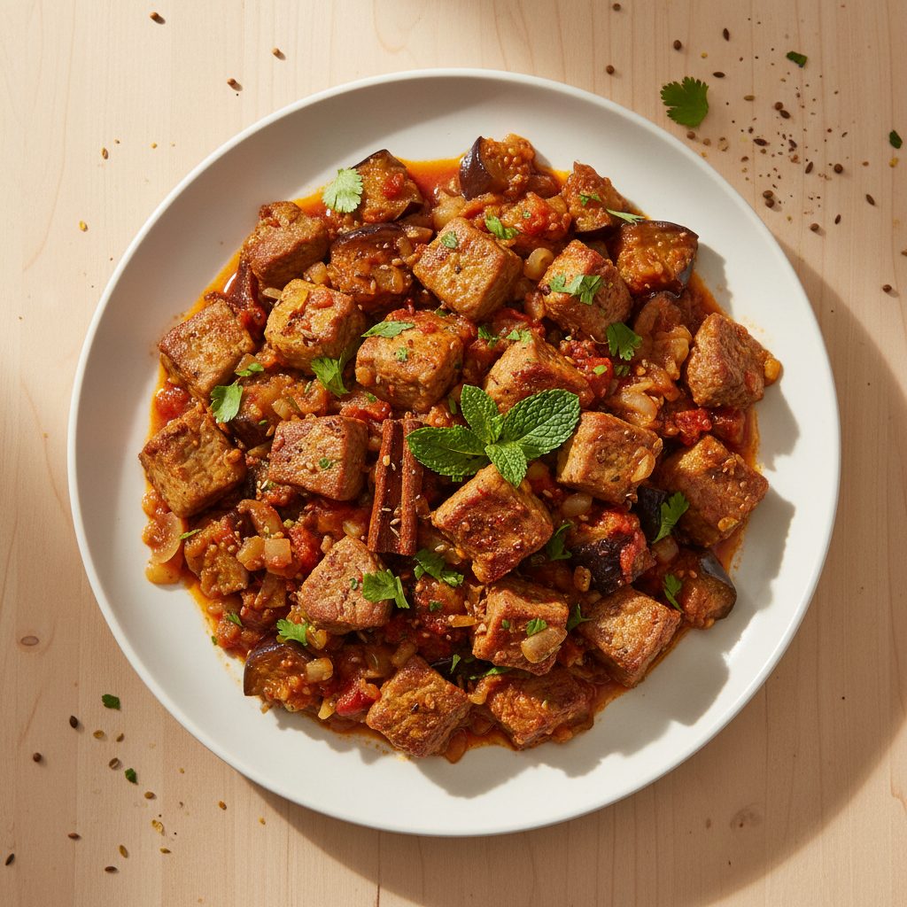 Lamsschouderblokjes met aubergine en Marokkaanse specerijen