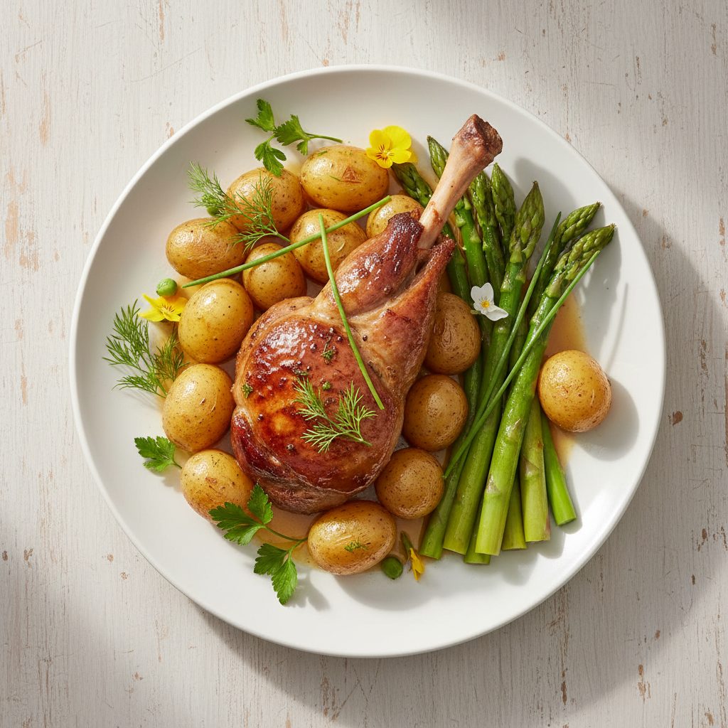 Feestelijke paaslamsbout uit de oven met asperges en lentekruiden