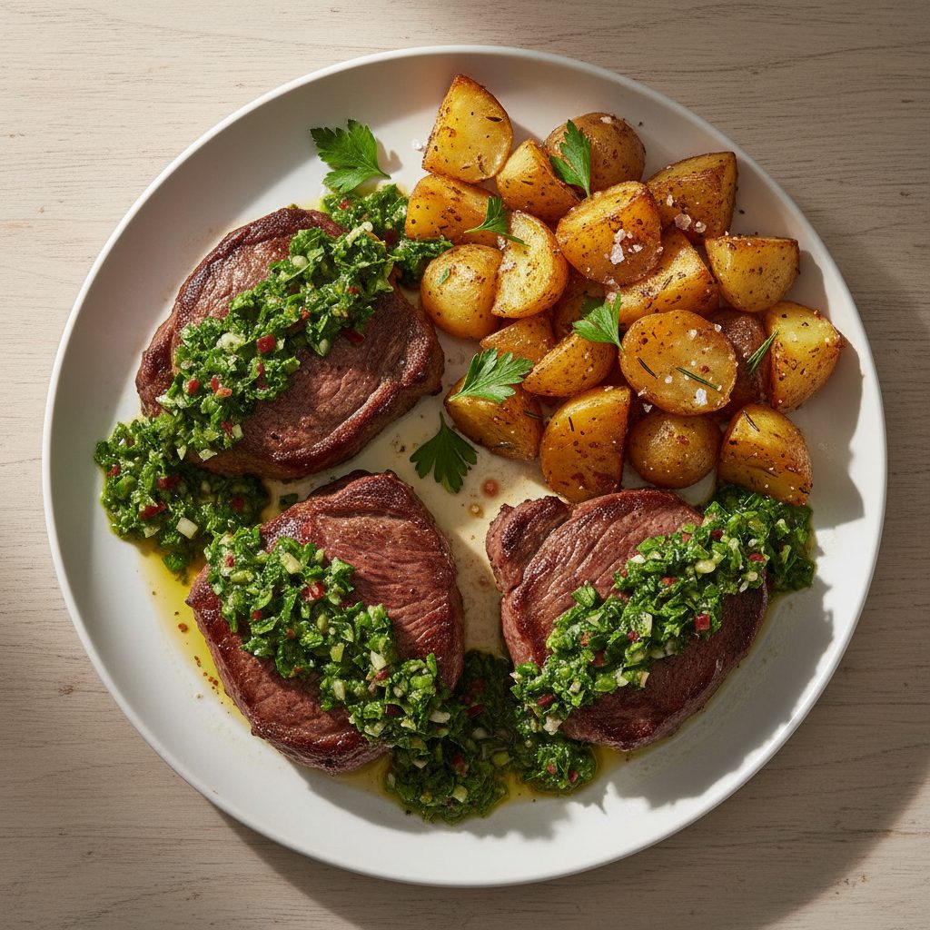 Argentijnse entrecote met chimichurri en bakaardappeltjes
