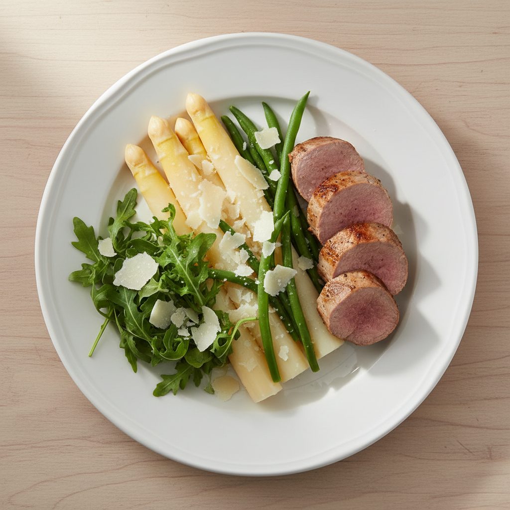 Italiaanse varkenshaas met witte asperges en parmezaan