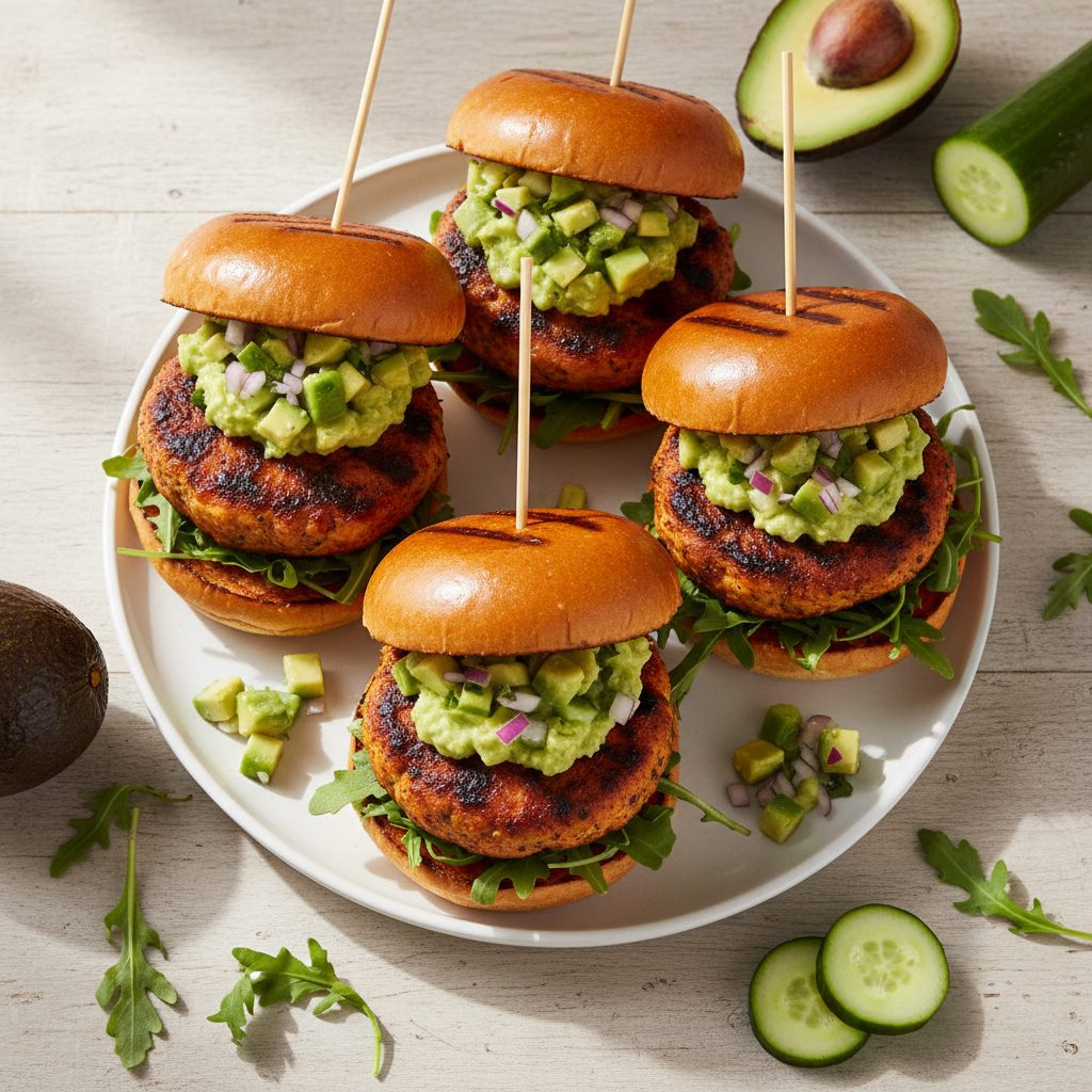 Cajun kipburger met avocadosalsa en gegrilde rucola