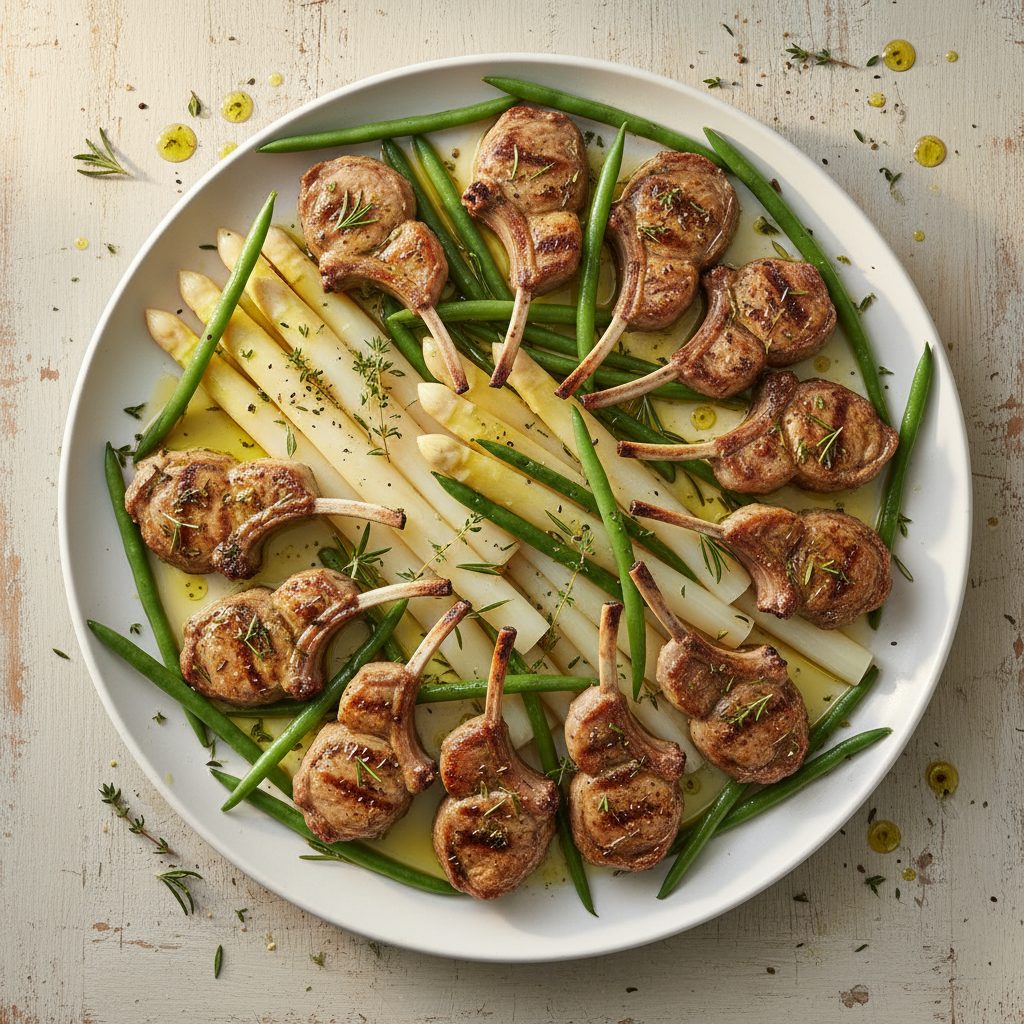 Provençaalse lamskoteletten met witte asperges en snijbonen