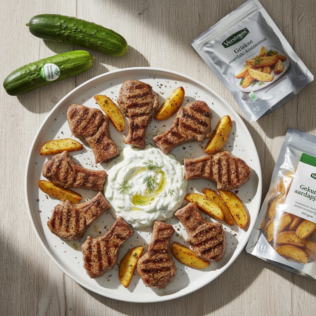 Griekse lamskoteletten van de barbecue met tzatziki en aardappelen