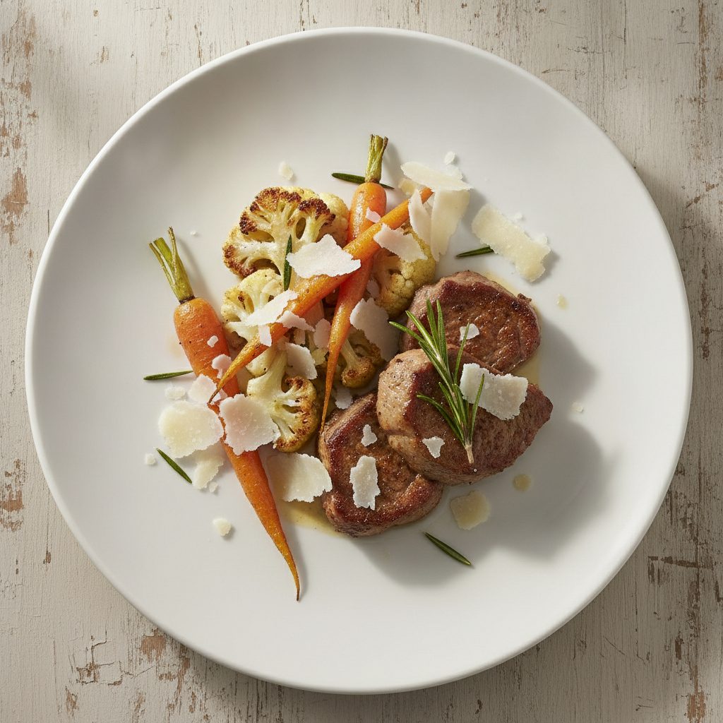 Sardijnse lamsboutlapjes met rozemarijn, geroosterde bloemkool en pecorino
